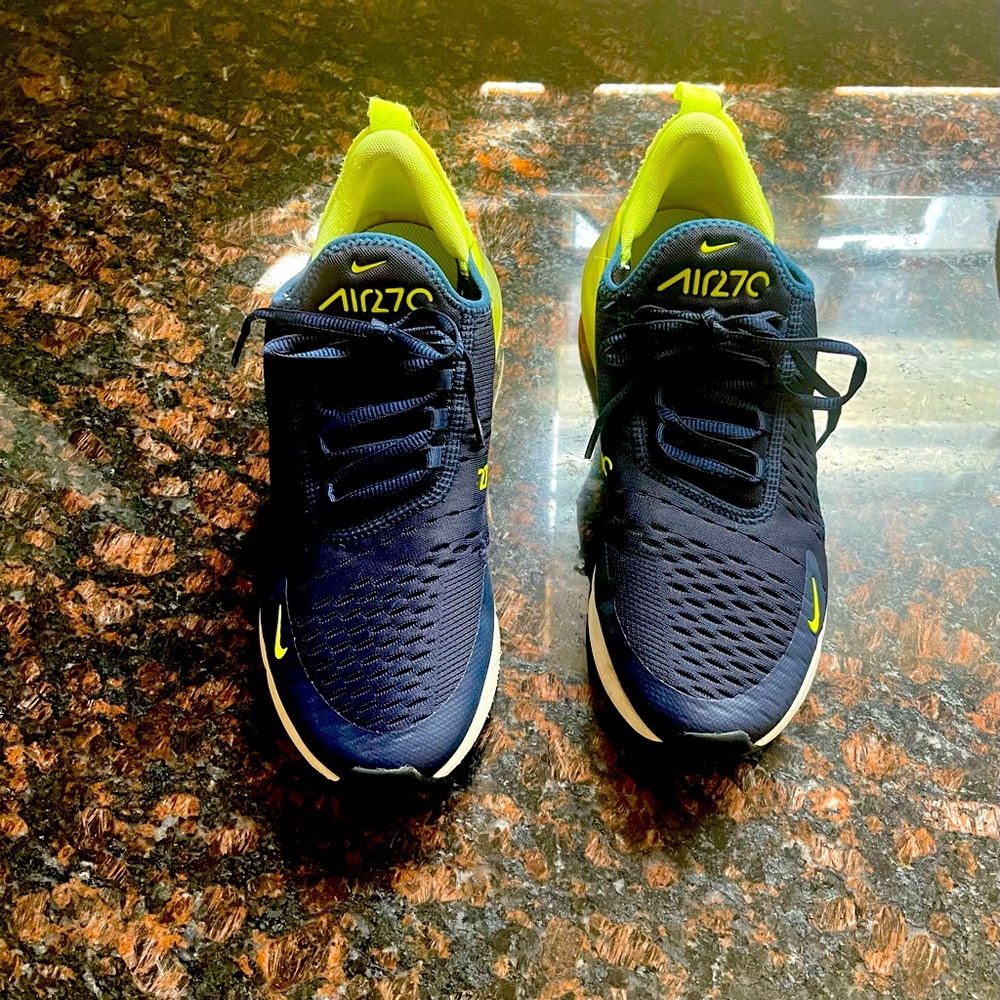 Navy blue and yellow (neon) Nike Air shoes